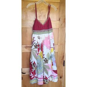 Rene Derhy 100% Cotton Small Y2K Babydoll Midi Dress Tie Back Tropical Beaded